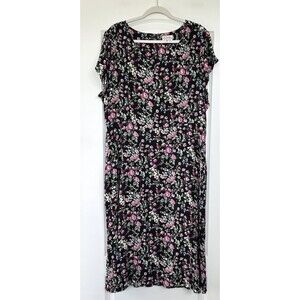 Lanz Of Salzburg Dress Size XL Black Floral Cottagecore Midi 100% Rayon Modest